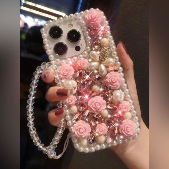 Pink Rose Pearl Crystal iPhone 16 Pro Max Case - Picture 1 of 4